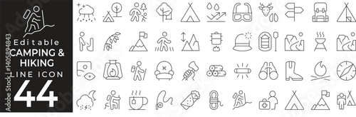 Camping and Hiking icon set in thin line style. Includes hiking, nature, equipment, tent, vacation, and outdoor journey symbols. Editable stroke.