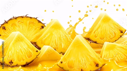 Fresh pineapple slices burst through a splash of vibrant juice
