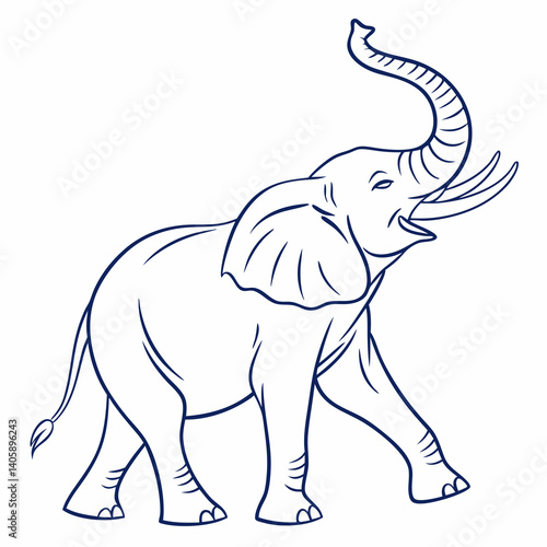 A minimalist single-line illustration of an elephant walking with its trunk raised.