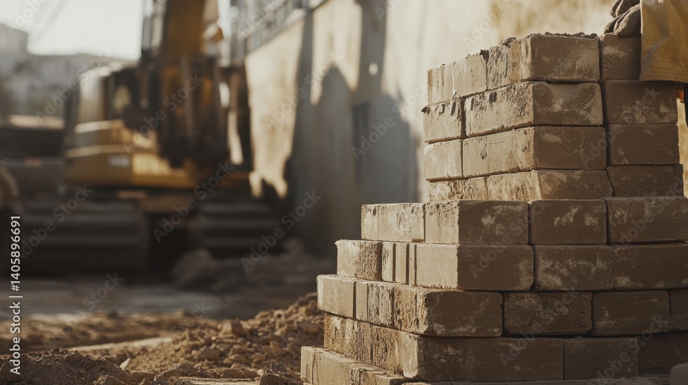 Obraz premium Bricklayer stacking bricks for a wall at a building site. Featuring masonry work and construction craftsmanship