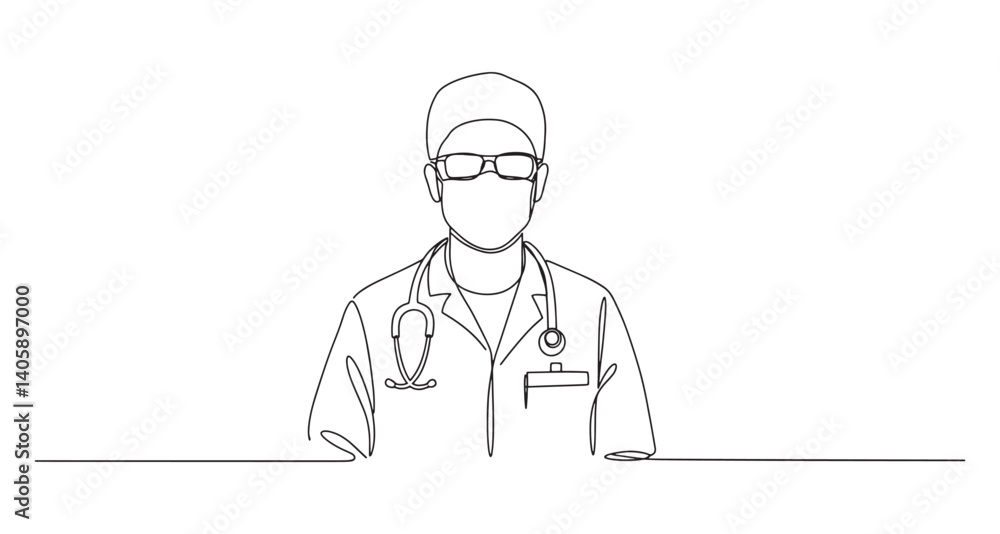Outline of a Doctor Wearing a Mask and Glasses in a Clinical Setting Outline of a Doctor Wearing a Mask and Glasses in a Clinical Setting