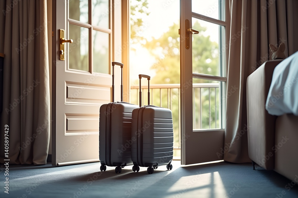Two modern suitcases standing by hotel room door in morning sunlight, ready for travel