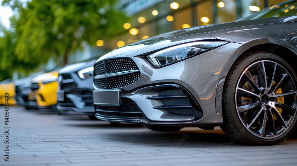 Sleek new vehicles lined up outside a modern dealership under a sunny sky amidst lush greenery Sleek new vehicles lined up outside a modern dealership under a sunny sky amidst lush greenery