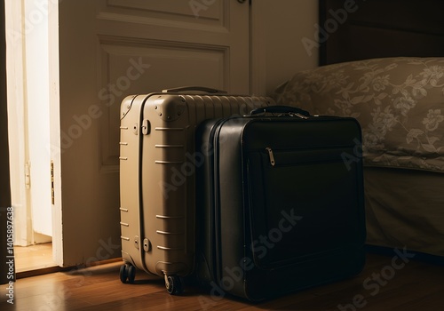 Obraz na płótnie Two suitcases standing near bed and door in dimly lit cozy hotel room, ready for checkout w salonie