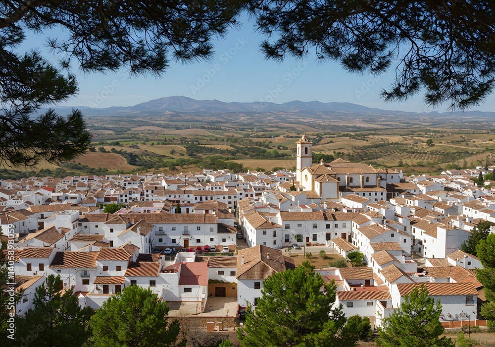 Obraz premium Panoramic View of a Whitewashed Andalusian Village Nestled Amongst Rolling Hills