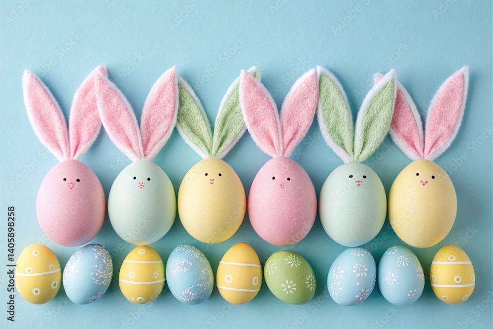 Decorative vertical Easter eggs in pastel shades and bunny ears arranged on a blue background
Decorative vertical Easter eggs in pastel shades and bunny ears arranged on a blue background