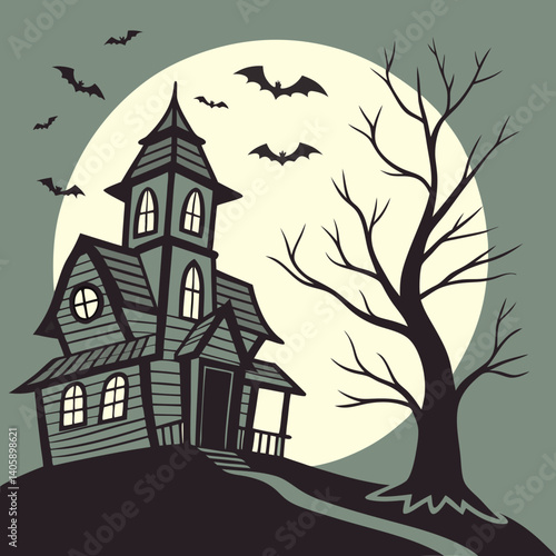 Spooky haunted house silhouette with flying bats and a full moon in vector art style.