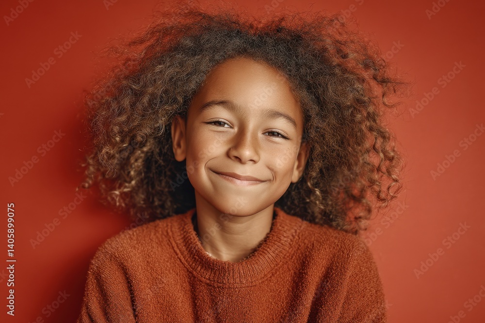 A delightful close-up portrait of a smiling young girl with curly hair, radiating joy and confidence against a vibrant red background in the studio shot. A delightful close-up portrait of a smiling young girl with curly hair, radiating joy and confidence against a vibrant red background in the studio shot.