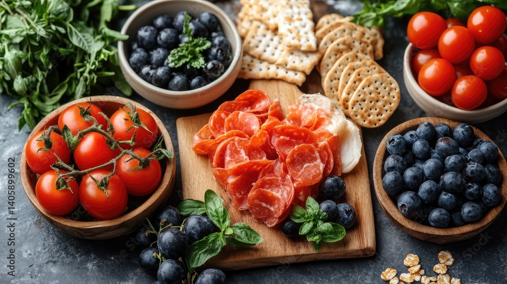 Appetizing display tomatoes, crackers, meat slices, and bowls of blueberries on a wooden board Appetizing display tomatoes, crackers, meat slices, and bowls of blueberries on a wooden board