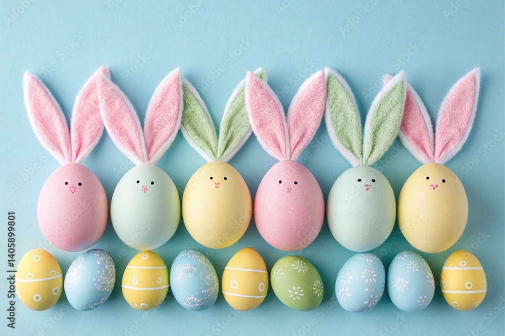Decorative vertical Easter eggs in pastel shades and bunny ears arranged on a blue background
Decorative vertical Easter eggs in pastel shades and bunny ears arranged on a blue background