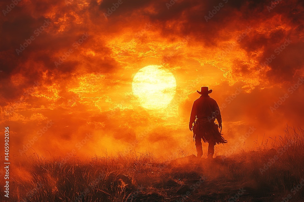 Fototapeta premium Silhouette of a person in a hat and coat stands in a field at sunset.