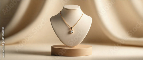 Elegant beige mannequin displaying a minimalist necklace pendant set on a smooth wooden stand. Cream and white background with soft lighting, perfect for social media promotion.  Focus on depth, mood,