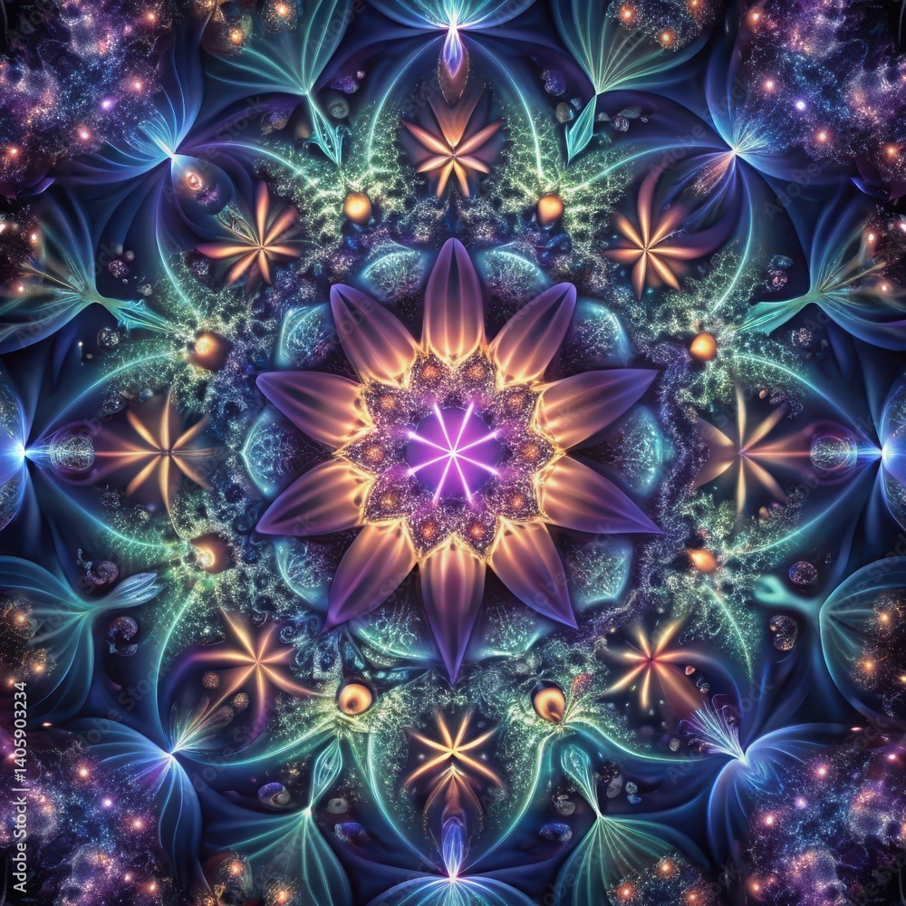 Vibrant Fractal Flower Mandala in Cosmic Colors Vibrant Fractal Flower Mandala in Cosmic Colors