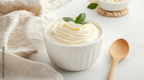 Creamy Greek Yogurt Topped with Mint in a White Bowl  