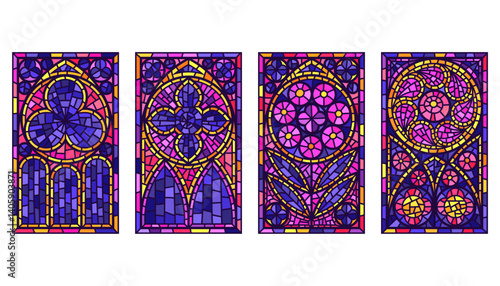 Church windows with stained glass arches. Cathedral frames set with colored floral pattern. Vintage vector medieval mosaic decorations on white background.