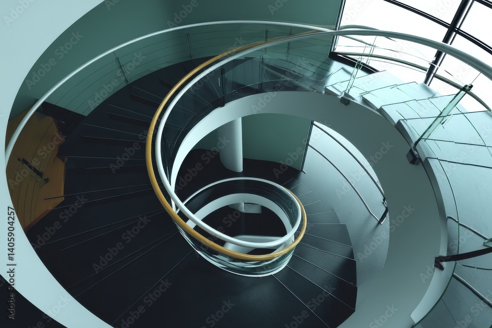 Fototapeta premium An upward view of a sleek, modern spiral staircase, showcasing its elegant design and the interplay of light and shadow, creating a visually striking architectural marvel.