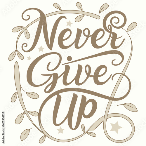 "Never Give Up" in 3D layered paper cut typography, showcasing a motivational design with a creative, modern aesthetic.