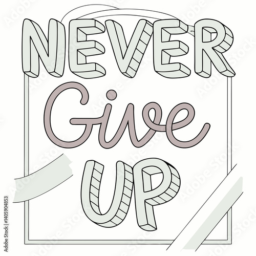 "Never Give Up" in 3D layered paper cut typography, showcasing a motivational design with a creative, modern aesthetic.