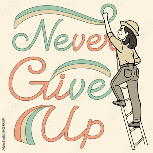 "Never Give Up" in 3D layered paper cut typography, showcasing a motivational design with a creative, modern aesthetic.