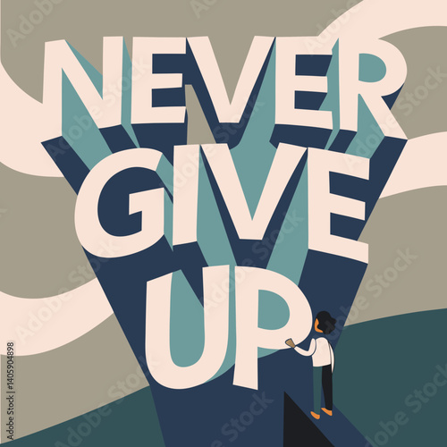"Never Give Up" in 3D layered paper cut typography, showcasing a motivational design with a creative, modern aesthetic.