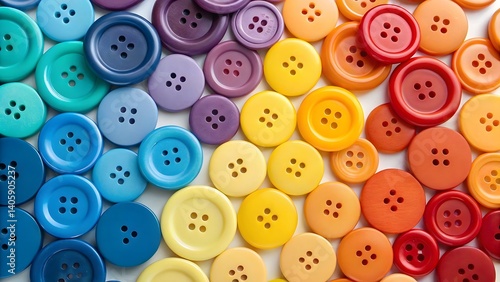 Colorful gradient arrangement of sewing buttons transitioning from cool blues and greens to warm purples, oranges, and reds