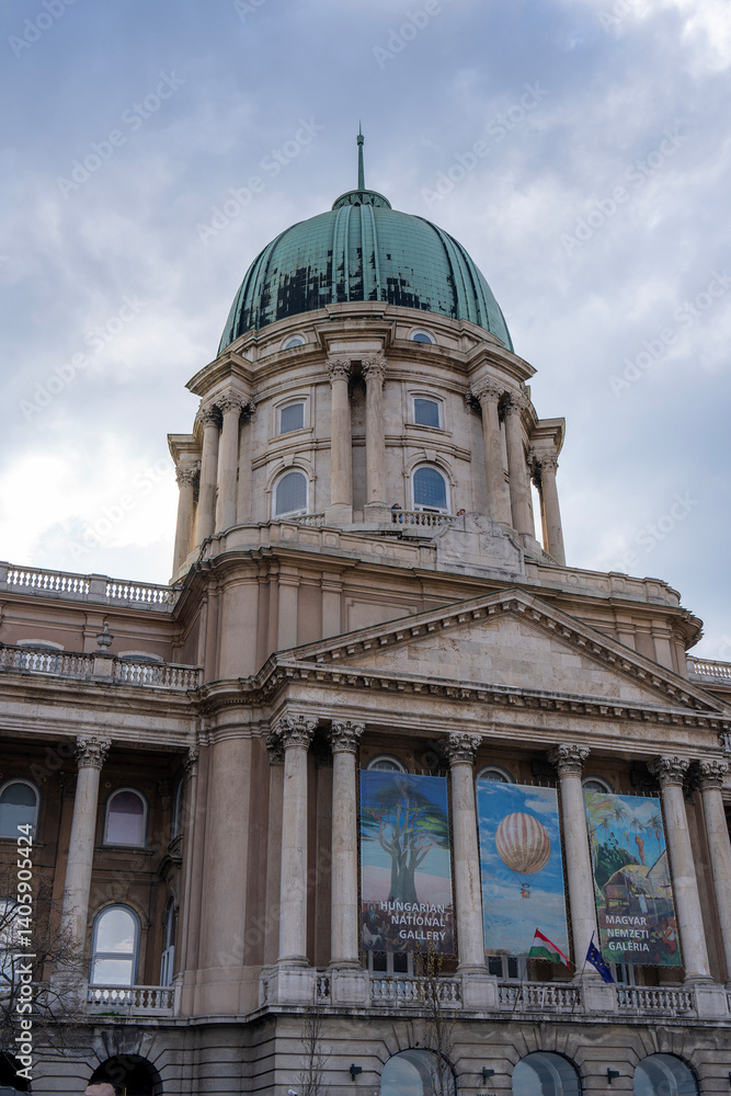 Buda Castle or Royal Palace or Royal Castle is historical castle and palace complex of Hungarian kings in Budapest, Hungary, Europe. Vertical image Buda Castle or Royal Palace or Royal Castle is historical castle and palace complex of Hungarian kings in Budapest, Hungary, Europe. Vertical image