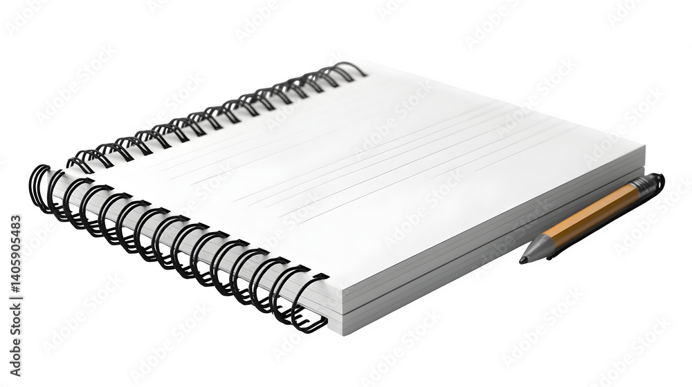 Blank spiral notebook isolated on white background, HD and realistic