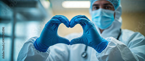 A doctor in a biohazard protective PPE suit and face mask, holding hands in a heart shape with blue rubber gloves, against a backdrop of a medical laboratory or hospital.  Depth of field focused on th