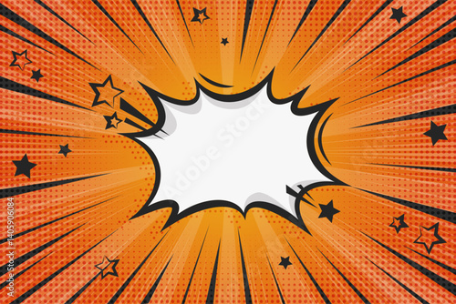Comic book superhero background with speech bubble and stars. Pop art retro vector frame with boom effect. Orange sunburst striped bright poster with halftone texture.