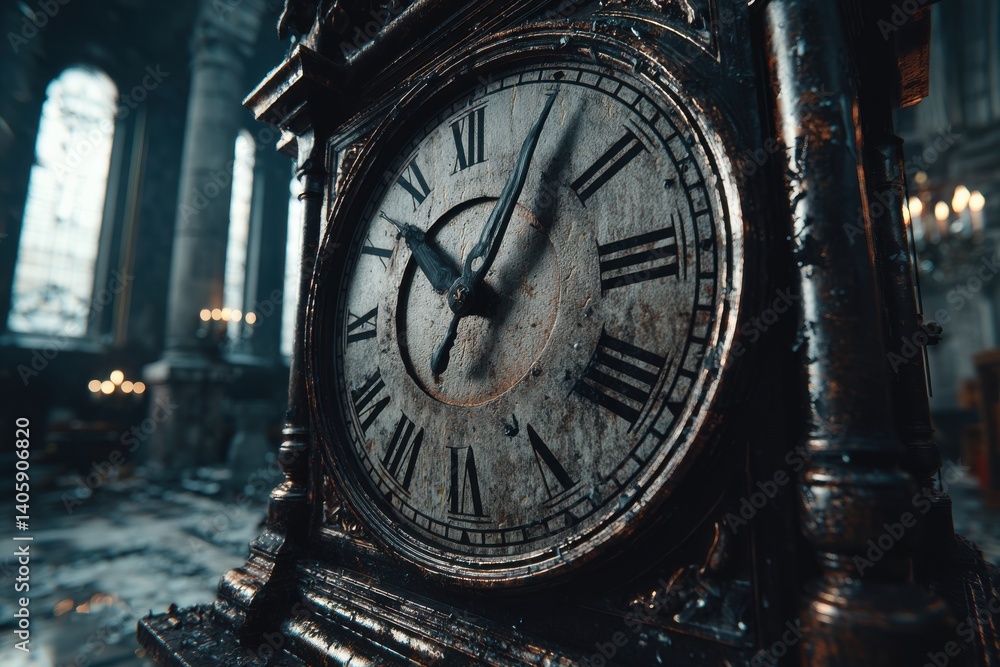 Fototapeta premium Close-up of an antique, gothic-style grandfather clock with Roman numerals, set against a backdrop of a grand hall with large windows and ornate columns, dimly lit.