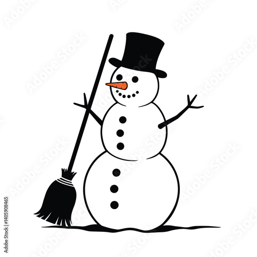 Charming Snowman Illustration With Broom And Top Hat Isolated On White
