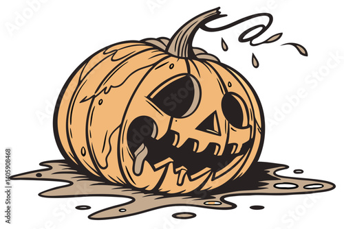40 Halloween pumpkin, melting jack-o'-lantern, realistic, eerie, orange, surreal, drooping face, carved pumpkin, spooky, white background, high contrast, detailed texture, studio lighting, seasonal de