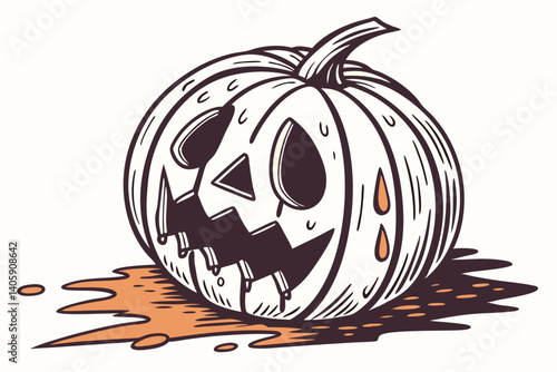 40 Halloween pumpkin, melting jack-o'-lantern, realistic, eerie, orange, surreal, drooping face, carved pumpkin, spooky, white background, high contrast, detailed texture, studio lighting, seasonal de