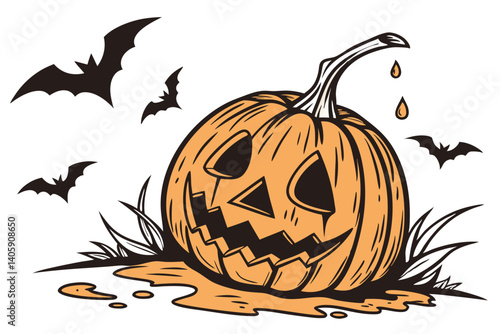 40 Halloween pumpkin, melting jack-o'-lantern, realistic, eerie, orange, surreal, drooping face, carved pumpkin, spooky, white background, high contrast, detailed texture, studio lighting, seasonal de