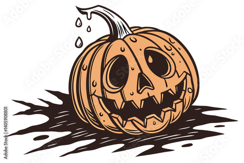 40 Halloween pumpkin, melting jack-o'-lantern, realistic, eerie, orange, surreal, drooping face, carved pumpkin, spooky, white background, high contrast, detailed texture, studio lighting, seasonal de
