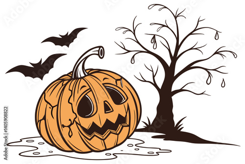 40 Halloween pumpkin, melting jack-o'-lantern, realistic, eerie, orange, surreal, drooping face, carved pumpkin, spooky, white background, high contrast, detailed texture, studio lighting, seasonal de