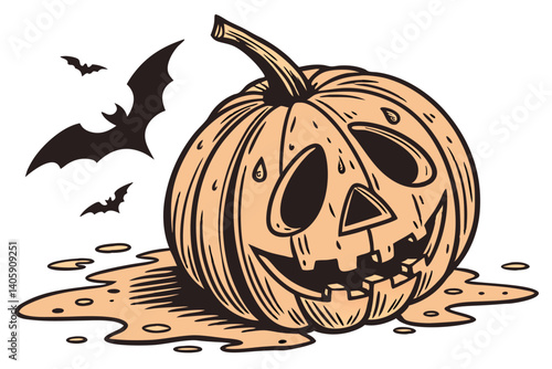 40 Halloween pumpkin, melting jack-o'-lantern, realistic, eerie, orange, surreal, drooping face, carved pumpkin, spooky, white background, high contrast, detailed texture, studio lighting, seasonal de