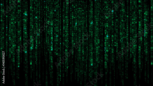  Vector matrix Japanese code rain on a black background. Glowing green vertical symbols. Cyberpunk and hacking culture design. Seamless code stream effect.