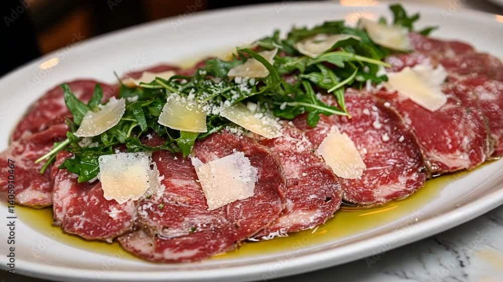 Sliced beef carpaccio with arugula and parmesan on a plate Sliced beef carpaccio with arugula and parmesan on a plate