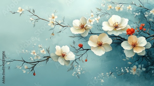Delicate blossoms on branches against a soft backdrop