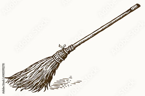 41 Traditional witch's broom, wooden handle, straw bristles, flying broomstick, magical artifact, Halloween prop, rustic design, floating in air, shadow underneath, white background, detailed texture,