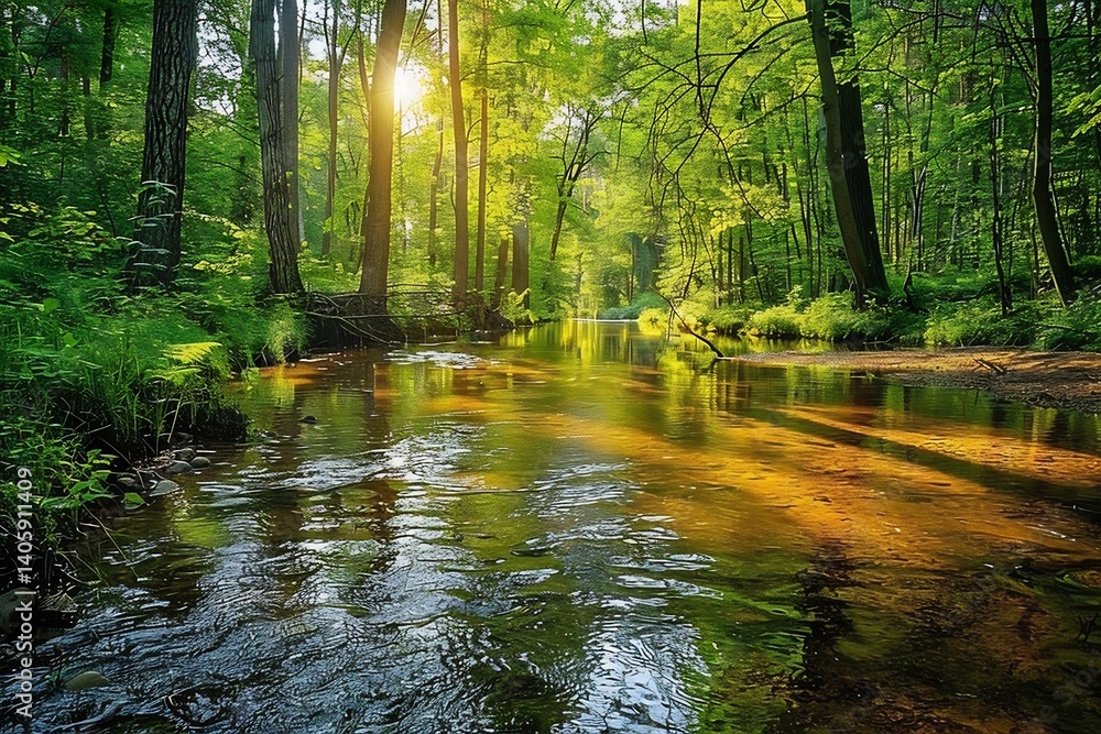 Fototapeta premium Serene woodland stream winding through vibrant forest crystal clear water reflecting lush greenery and sunlit leaves a refreshing and dynamic backdrop
