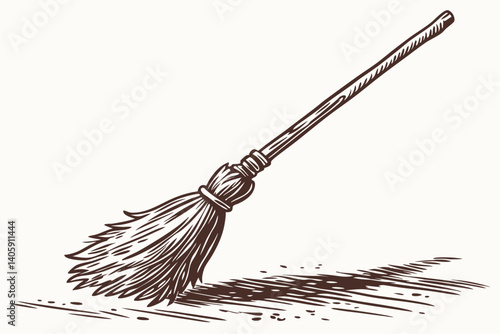 41 Traditional witch's broom, wooden handle, straw bristles, flying broomstick, magical artifact, Halloween prop, rustic design, floating in air, shadow underneath, white background, detailed texture,