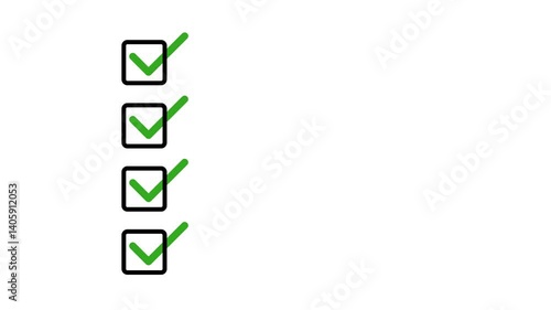 Animated checklist with green checkmarks in square boxes. Task completion animation on white background. Perfect for productivity, to-do lists, goals, workflow, and success presentations or apps.