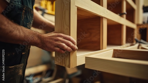 Carpenter constructing a custom shelving unit. Featuring skill and precision