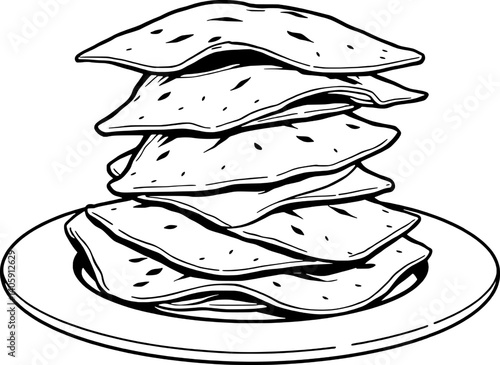 A Stack of Flatbreads on a Plate Simple Line Art Illustration