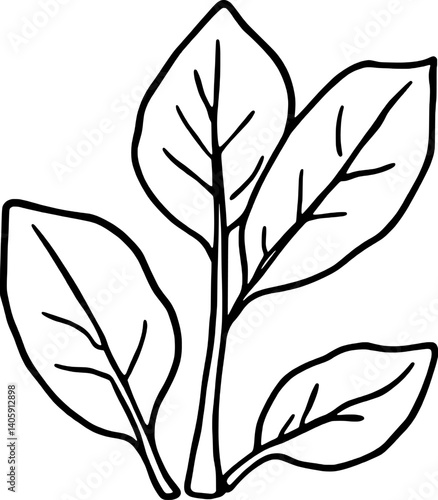 Simple Line Drawing Of Three Lush Green Leaves On A Stem