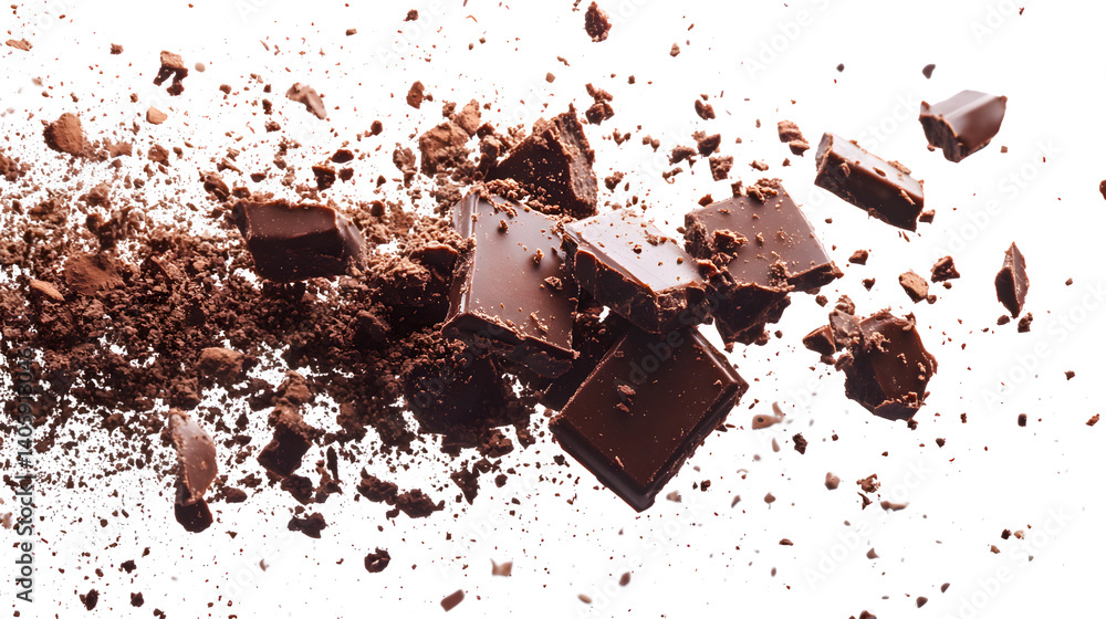 Fototapeta premium Chocolate bar pieces broken apart isolated on white background