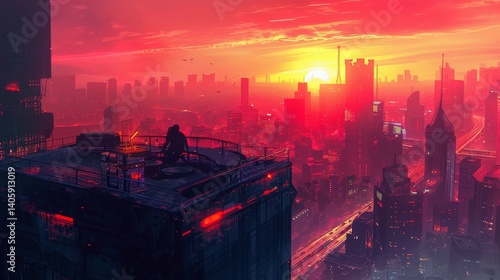 A vibrant cityscape at sunset, with buildings forming a heart shape around a couple sitting on a rooftop restaurant. Warm tones dominate