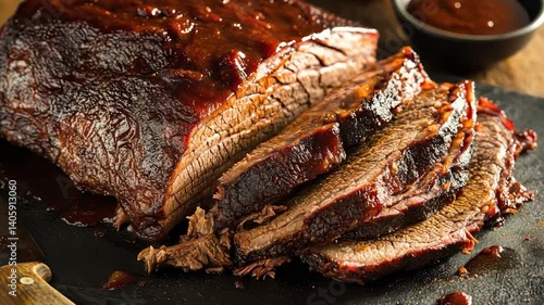 Sliced BBQ Brisket on Slate Cutting Board